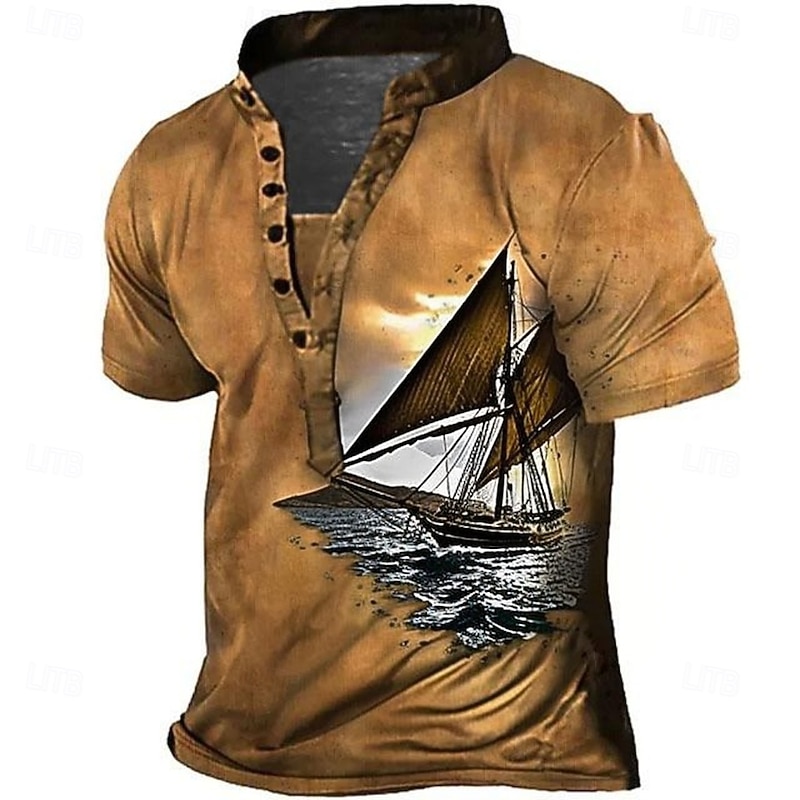 Men's Retro Sailboat T Shirt Henley Shirt Tee Short Sleeve Designer Basic Classic Outdoor Casual Daily Summer Spring Khaki Henley Henley T-Shirt