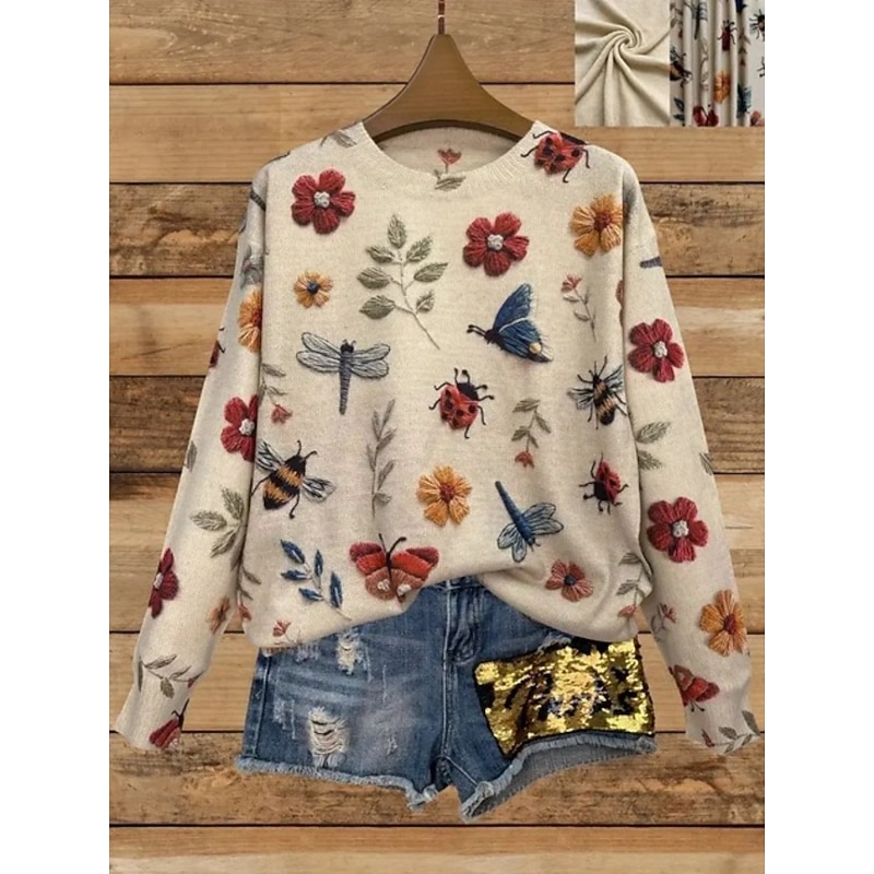Women's Sweater Casual Soft Floral Graphic Animal Ribbed Crew Neck Knitted Print Long Sleeve Regular Tops Knit Outdoor Daily Weekend Yellow Blue Fall Winter4