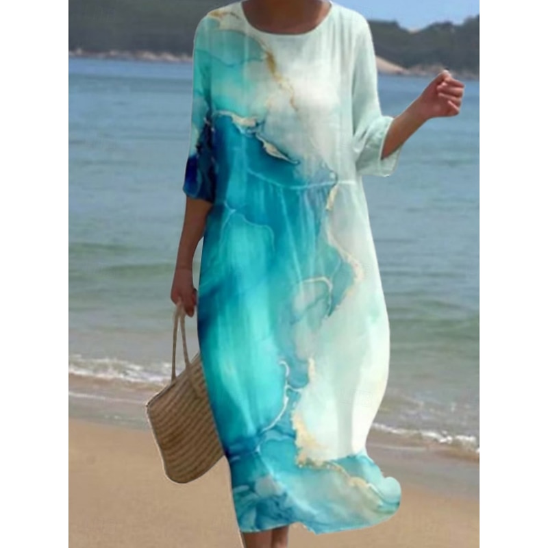 Women's Midi Dress Casual Dress Print Dress Fashion Modern Daily Beach Weekend Regular Fit Color Gradient 3/4 Length Sleeve Crew Neck Yellow Blue Orange Green Spring Fall Autumn2