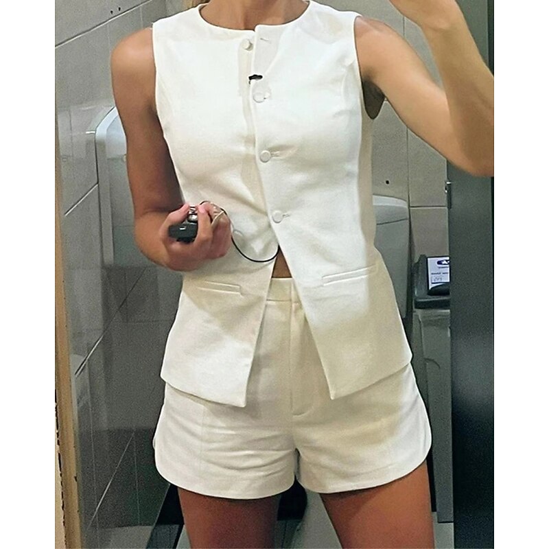 Women's Active Fashion Blouse Shorts Sets Sleeveless Crew Neck Solid Color Split Thigh Outdoor Vacation White Summer Regular Fit4