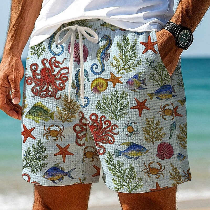 Men's Octopus Shell Sea Creatures Waffle Shorts Sweat Shorts Casual Shorts Mid Waist Fashion Casual Vacation Jogging Workout Elastic Drawstring Waist Shorts with Pockets Designer Clothing Apparel2