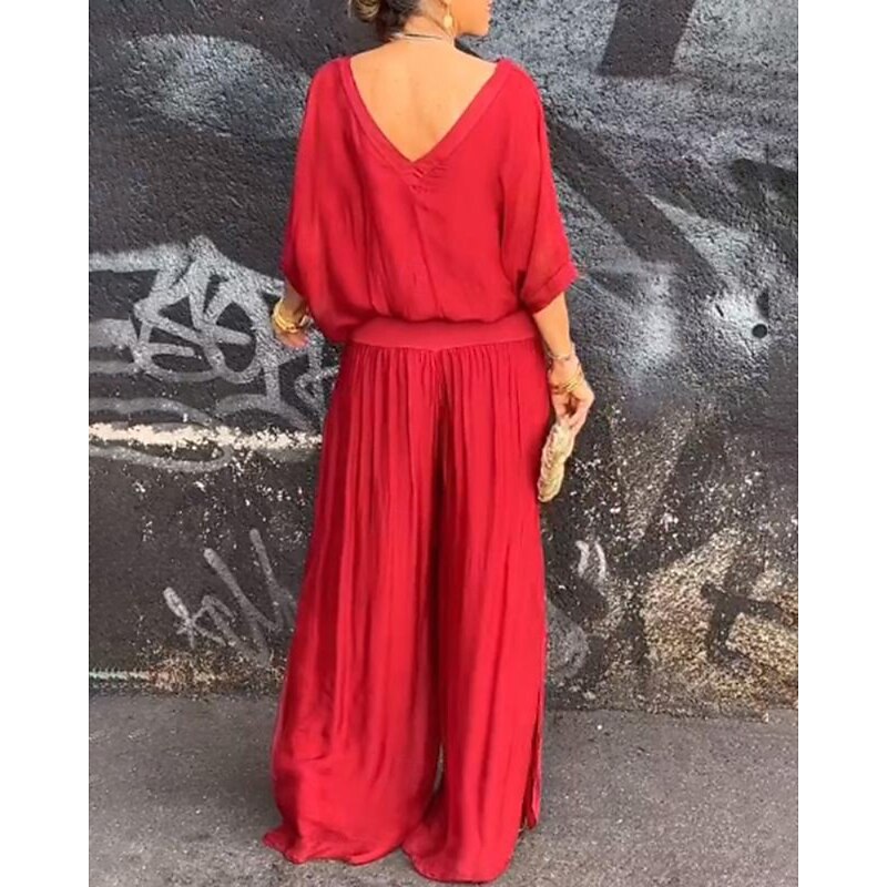 Women's Active Fashion Blouse Pants Sets Half Sleeve V Neck Solid Color Split Thigh Backless Holiday Going out Black White Light Green Fall Regular Fit4