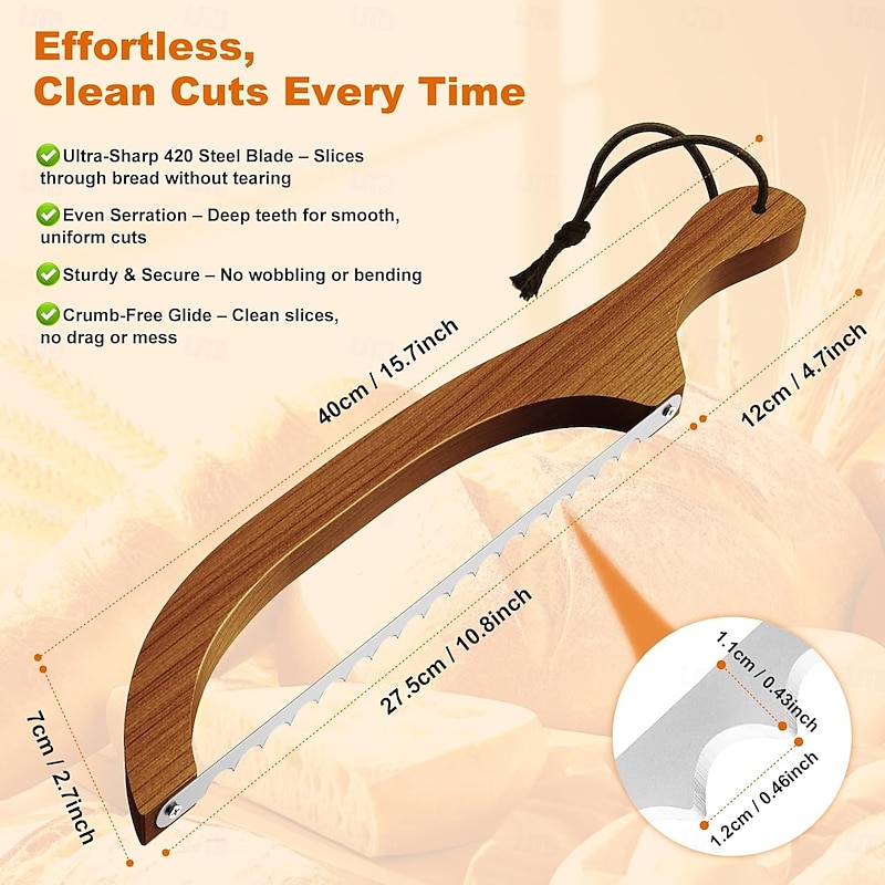 Bread Knife for Homemade Bread Walnut Bow Bread Cutter with Ultra-Sharp Serrated Stainless Steel Blade, Sourdough Bread Knife for Bagels, Baguettes, and Rustic Loaves - Walnut Color4