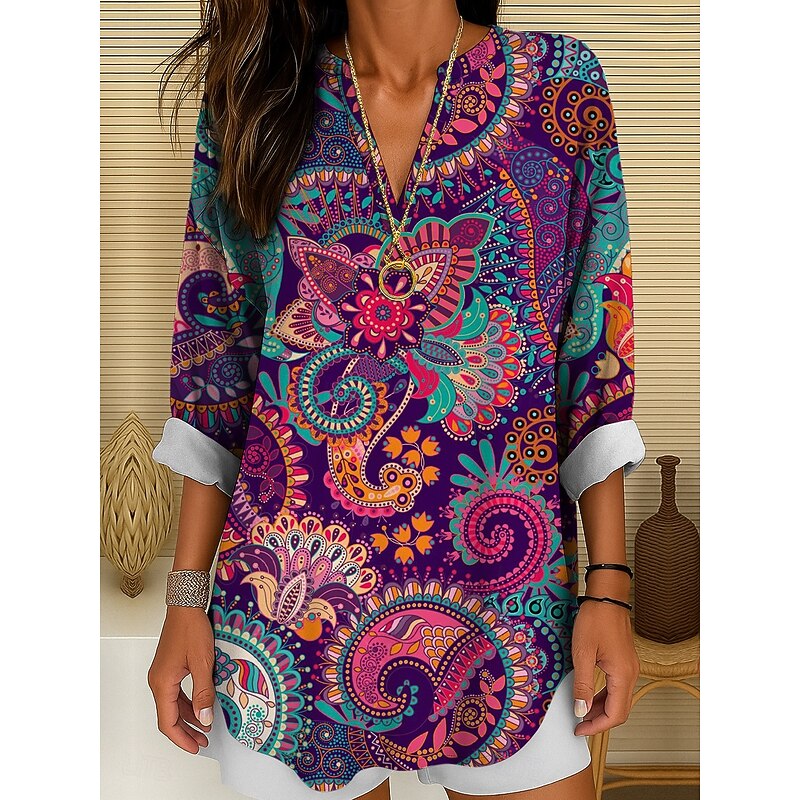 Women's Blouse Tunic V Neck Long Sleeve Boho Casual Tops Floral Graphic Paisley Bohemia Basic Long Tops Daily Buttons Print Yellow Pink Blue Purple Green Spring, Fall, Winter, Summer