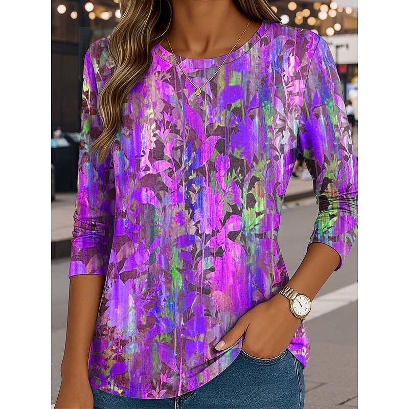 Women's T shirt Crew Neck Long Sleeve Tunic Floral Graphic Casual  Round Neck Regular Tops Daily Print Yellow Purple Green Fall3