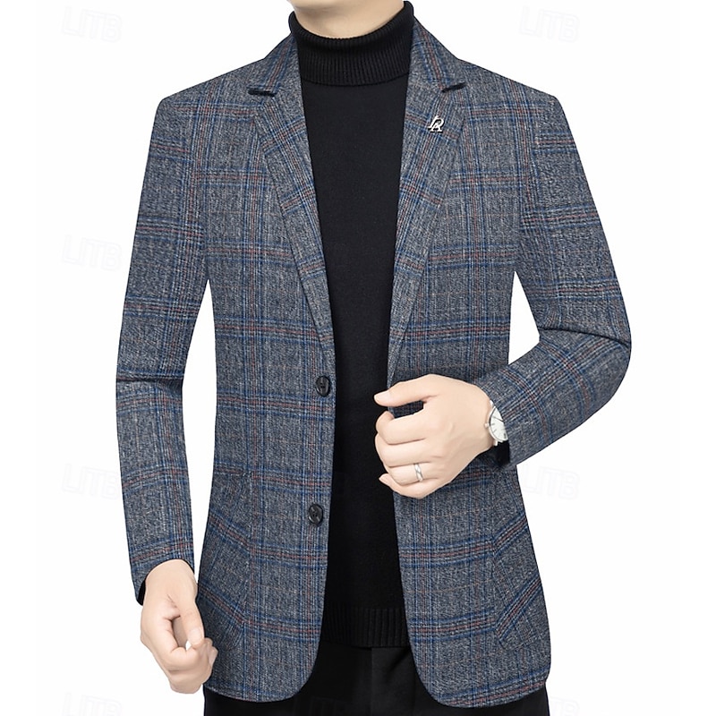 Men's Blazer Jacket School Work Office / Career Elegant Daily Spring Fall Polyester Plaid / Check Classic No-Iron Single Breasted Two-button Blazer Yellow Gray2