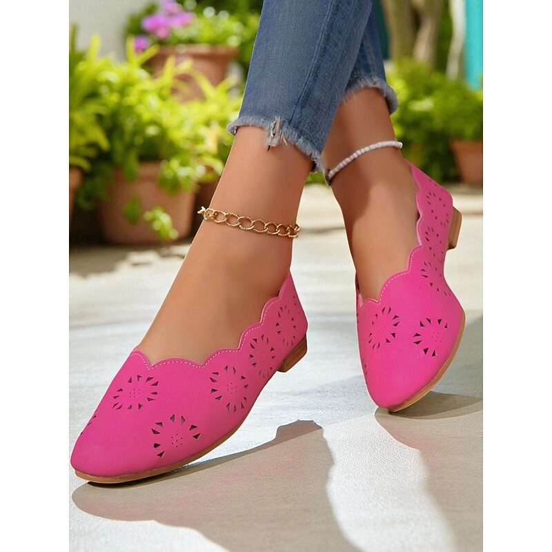 Women's Rose Pink Cutout Faux Leather Flats – Casual Shoes for Garden Parties and Everyday Comfort