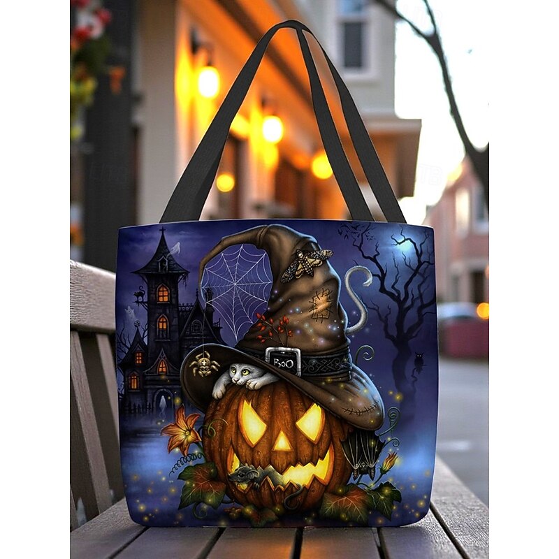 Women's Halloween Pumpkin Cat Print Tote Bag By Sarah Richter– Large Reusable Polyester Shoulder Bag with Zipper Pocket for Holiday Shopping & Parties