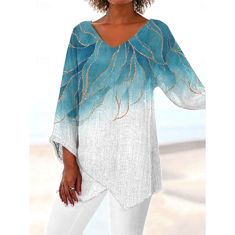 Women's Blouse Graphic Abstract Feather Vintage Tropical Stylish 3/4 Length Sleeve Crew Neck V Neck Regular Tops Daily Holiday Beach Wear Print Black Sky Blue Gray Summer Spring Fall2
