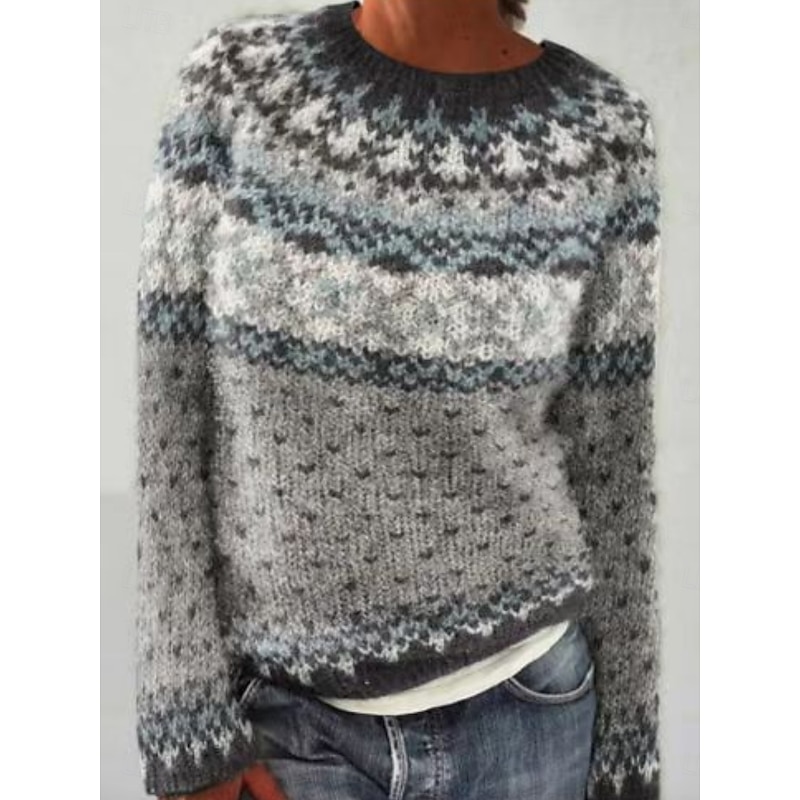 Women's Sweater Casual Soft Geometric Ribbed Crew Neck Knitted Print Long Sleeve Regular Tops Knit Outdoor Daily Weekend Red Blue Fall Winter