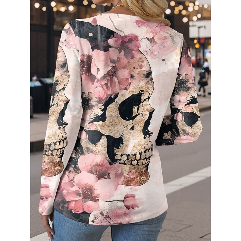 Halloween Women's T Shirt Skulls Crew Neck Long Sleeve Tunic Floral Graphic Vintage Stylish Classic Round Neck Regular Tops Daily Print Pink Blue Purple Green Fall2