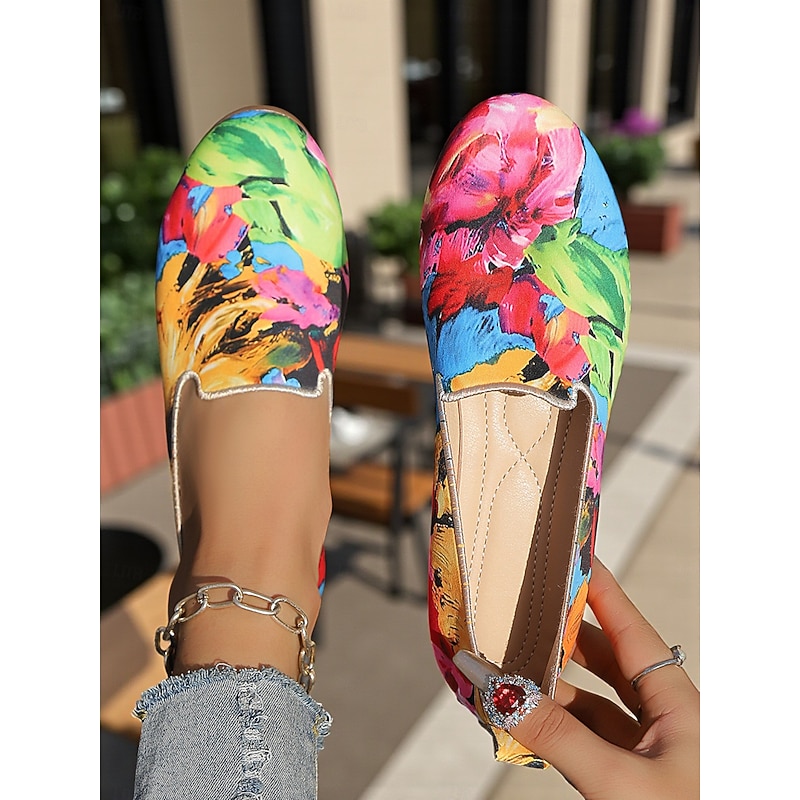 Women's Colorful Floral Canvas Slip-On Flats – Lightweight Round Toe Casual Loafers, Artistic Comfort Shoes for  Walks, Travel, and Daily Wear