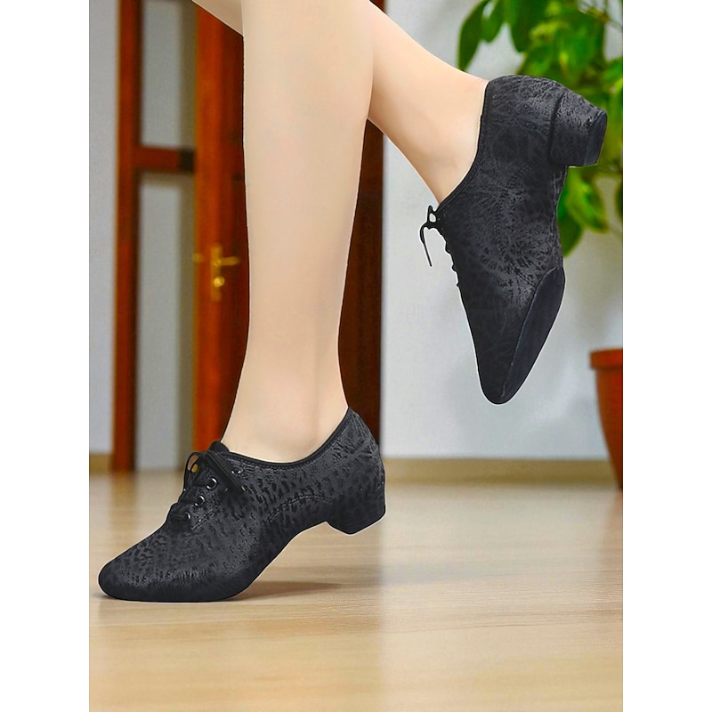 Women's Black Leopard Pattern Lace-Up Dance Shoes - Low Heel Professional Practice Jazz Shoes for Female Dancers and Studio Training2