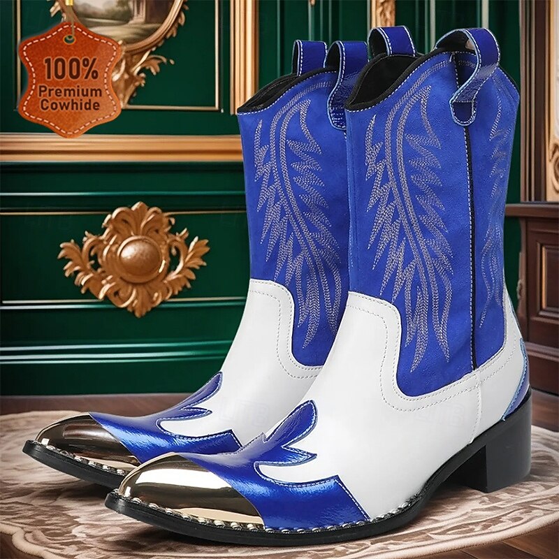 Men's Blue and White Cowhide Leather Cowboy Boots with Flame Stitching and Metal Toe, Statement Western Footwear for Festivals, Stage Shows and Themed Parties