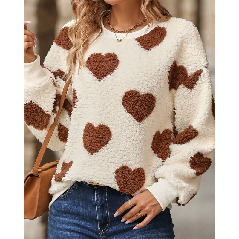 Women's Pullover Sweatshirt Sweatshirts Heart Streetwear Casual Long Sleeve Crew Neck Regular Tops Street Holiday Going out Print Black Red Khaki Fall Winter4