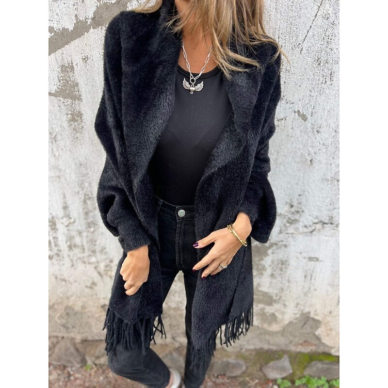 Women's Cloak / Capes Comfortable Breathable Tassel Fashion Daily Plain Outdoor Casual Daily Open Front Short Collarless Regular Fit Long Sleeve Outerwear Black Khaki Gray Spring Fall4