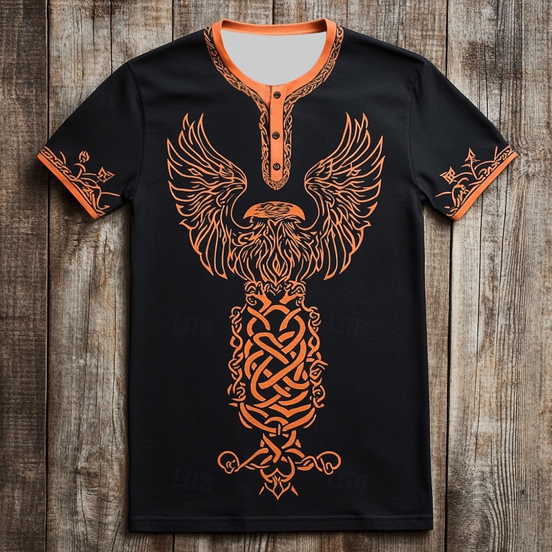 Men's Bird Pattern T Shirt Henley Shirt Short Sleeve Vintage Designer Retro Vintage Street Casual Daily Summer Spring All Seasons Black Henley Henley T-Shirt