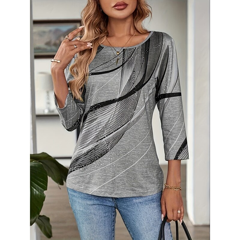 Women's Tee Top Geometric Abstract Casual Boho Long Sleeve Round Neck Regular Tops Going out Weekend Vacation Wear Blue Gold Gray Spring, Fall, Winter, Summer2