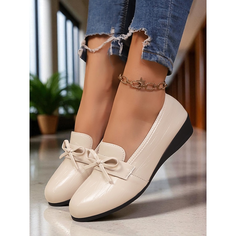 Women's Cream Faux Leather Loafers – Comfortable Bowknot Slip-On Wedge Flats, Casual Elegant Shoes for Office, Shopping and Daily Wear3