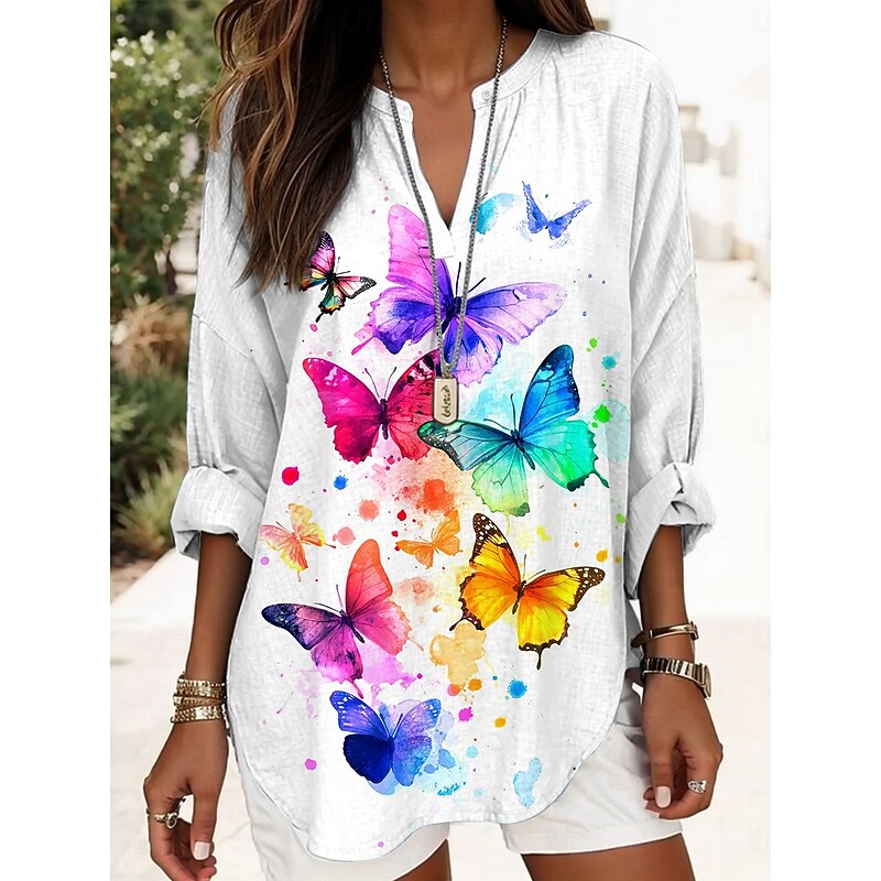 Women's Blouse Tunic V Neck Long Sleeve Boho Casual Tops Graphic Butterfly Elegant Stylish Regular Tops Daily Print Red Purple Green Rainbow