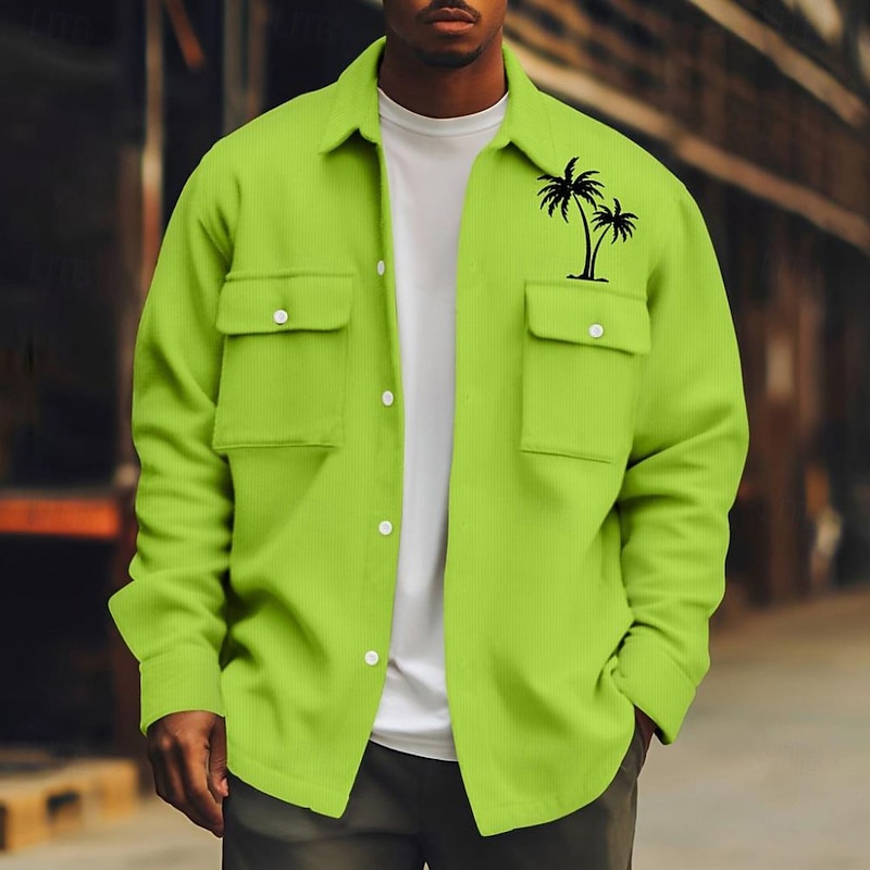 Men's Coconut Tree Corduroy Shirt Shacket Shirt Jacket Long Sleeve Casual Outdoor Dailywear Fall Winter Turndown Button-Down Warm Jacket with Flap Pockets Black White Green2