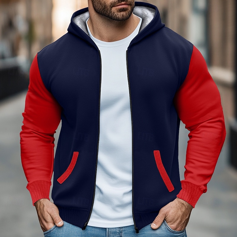 Men's Zip Sweatshirt Fleece Hoodie Black Red Navy Blue Gray Hooded Standing Collar Plain Zip Up Front Pocket Sports & Outdoor Casual Daily Streetwear Cool Sportswear Fall & Winter Clothing Apparel4