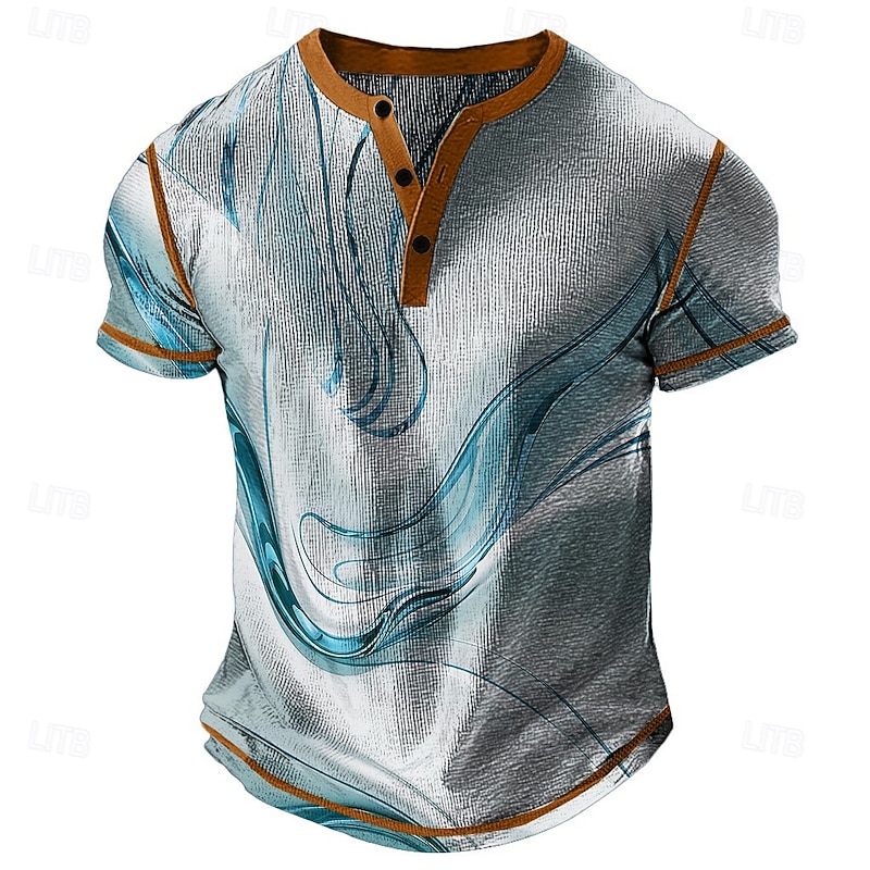 Men's Abstract Geometic Henley Shirt Waffle T Shirt Short Sleeve Daily Retro Vintage Classic Sports Outdoor Casual Holiday Spring & Summer All Seasons Lake blue Green Purple Khaki Grey Henley Henley