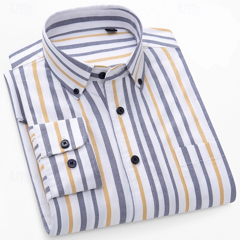 Men's Shirt Dress Shirt Button Down Shirt Oxford Shirt Striped Shirt Stripes Daily Wear Corporate Clothing Light Pink Yellow Dark Navy Blue Long Sleeve Shirt Collar All Seasons Clothing Apparel Buckle4