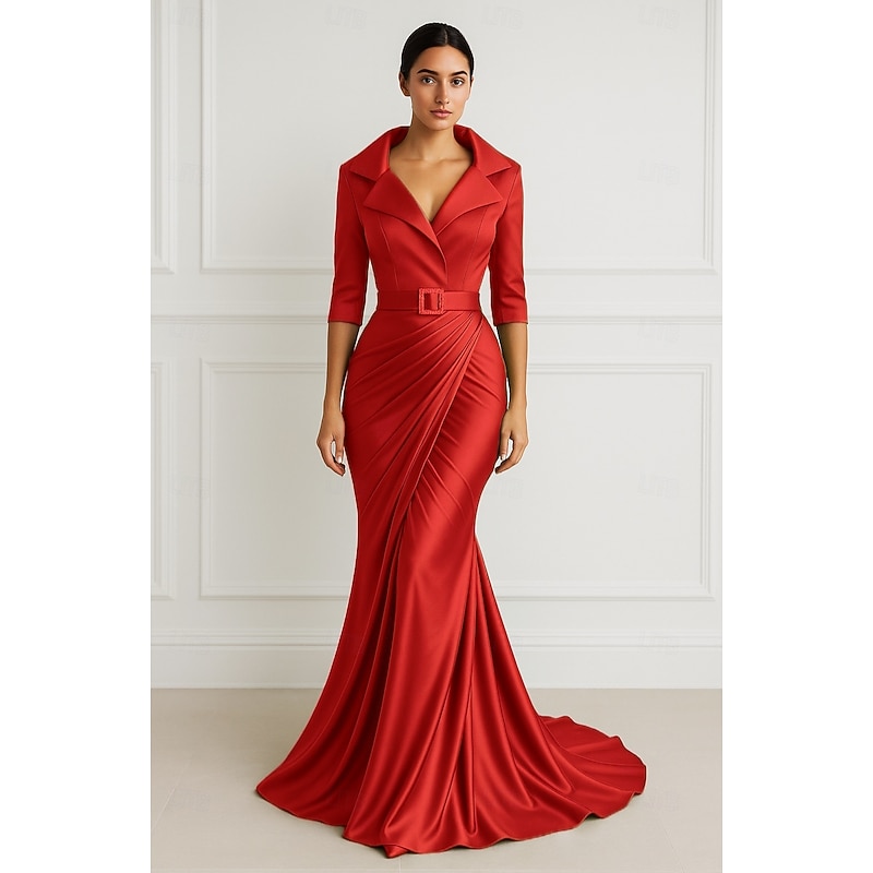 Black Tie Mermaid / Trumpet Evening Gown Elegant Dress Formal Wedding Floor Length Half Sleeve Lapel Belt / Sash Stretch Satin with Pleats