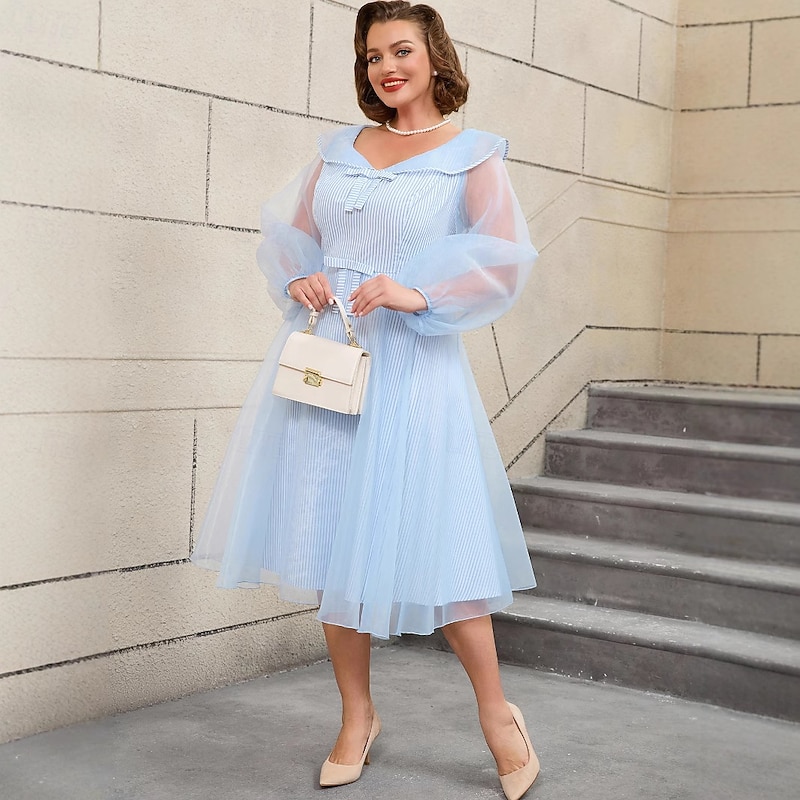 Retro Vintage 1950s Rockabilly Midi A Line Dress Flare Dress Plus Size Striped A-Line Fancy Dress Women's Vacation Homecoming Party & Evening Adults Dress Fall Spring & Summer3