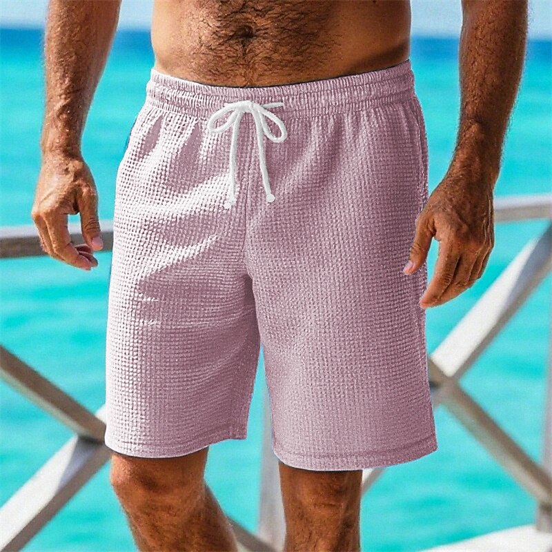 Men's Waffle Shorts Shorts Summer Shorts Casual Shorts Drawstring Pocket Elastic Waist Plain Comfort Breathable Short Outdoor Vacation Sport Casual White Pink4
