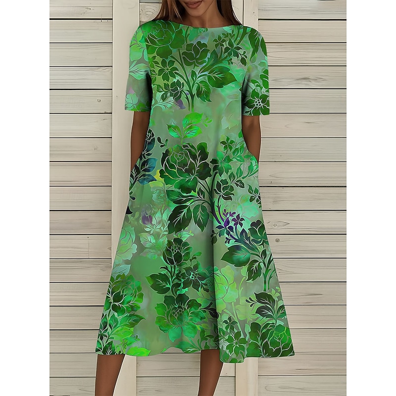 Women's Midi Dress T Shirt Dress Tee Dress A Line Dress Summer Dress Vacation Casual Beach Date Summer Dress Regular Fit Floral Graphic Short Sleeve Crew Neck Red Blue Green Summer Spring3