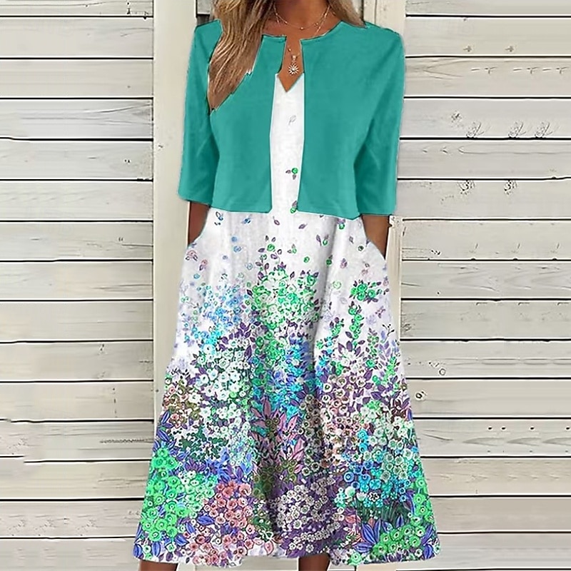 Women's Midi Dress Casual Dress Dress Set Fashion Modern Daily Beach Weekend Regular Fit Flower Half Sleeve V Neck Light Green Pink Red Blue Spring Fall3