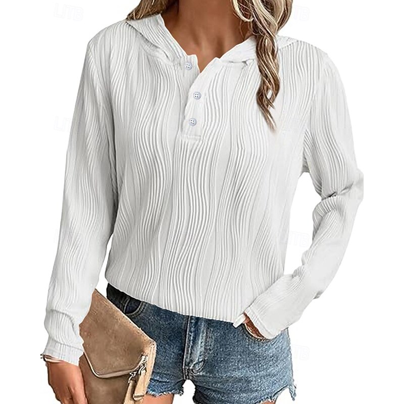 Women's Texture Sweatshirt Pullover Hoodie Sweatshirt Plain Streetwear Casual Comfy Long Sleeve Hooded Regular Tops Street Holiday Going out Buttons White Pink Beige Fall