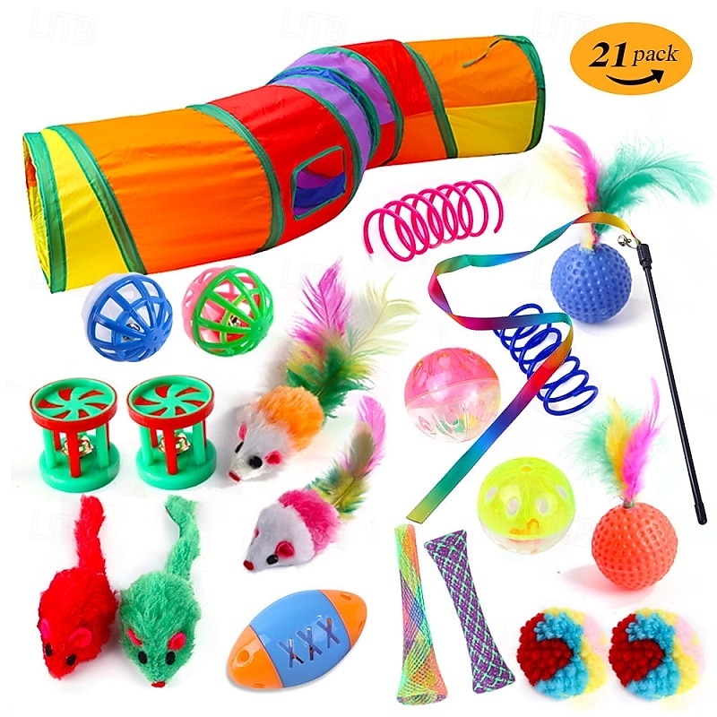 Ball Feather Toy Mice & Animal Toy Tunnels Squeak Toy with Durable Pet Exercise Releasing Pressure Pet Training Teething Rope Toy for Cat Indoor Outdoor Pet Play