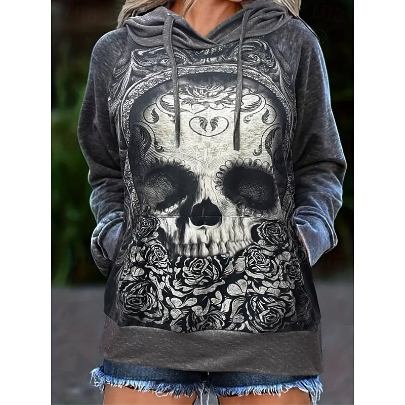 Halloween Women's Pullover Hoodie Sweatshirt Heart Skulls Graphic Casual Long Sleeve Hooded Regular Tops Party Evening Wear Street Dailywear Dark Gray Spring Fall Winter