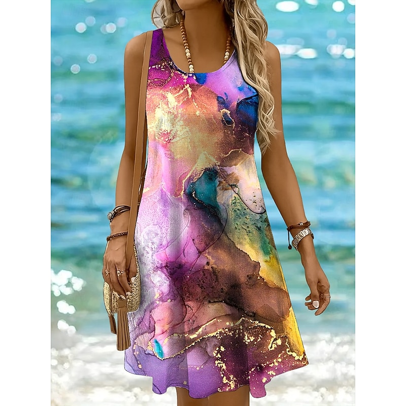 Women's Mini Dress Casual Dress Sundress A Line Dress Off The Shoulder Dress Vacation Casual Regular Fit Graphic Abstract Marble Sleeveless U Neck Scoop Neck Yellow Pink Blue Purple Summer Spring