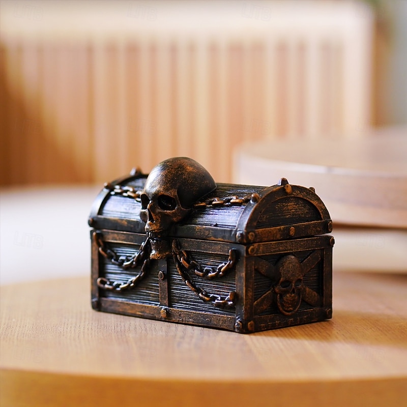 Halloween Statue Skull Treasure Chest Storage Box Decorative Jewelry Organizer Spooky Tabletop Ornament for Home Bar Display Gothic Gift Container Halloween Accent Decor