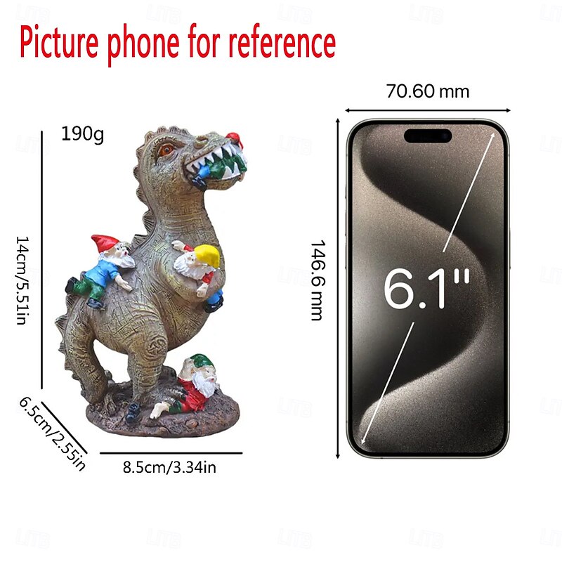 Dinosaur Grabbing Gnome Resin Statue, Funny Garden Gnome Decoration for Outdoor Yard or Home, Creative Resin Ornament Gift for Dinosaur Lovers and Garden Decor2