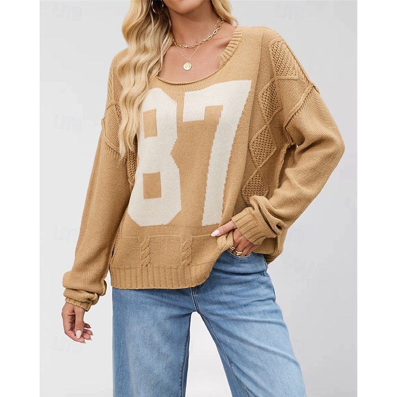 Women's Sweater Pullover Daily Stylish Casual Print Ribbed Crew Neck Knitted Long Sleeve Regular Tops Knit Daily Holiday Going out Khaki Dark Blue Fall Winter3