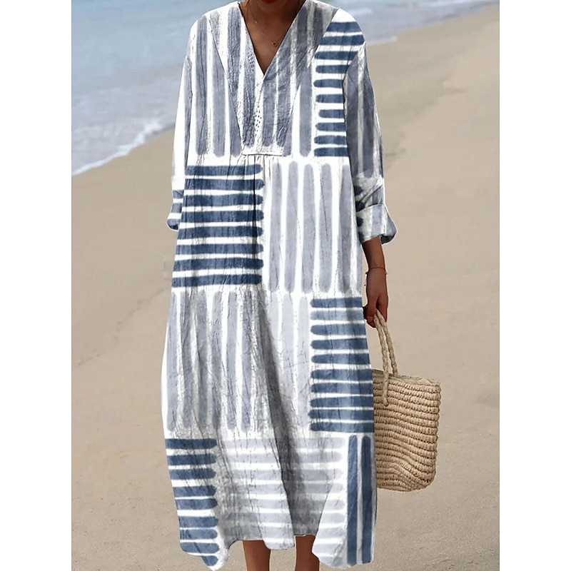 Women's Midi Dress V Neck Long Sleeve Kaftan Lightweight Loose Fit Casual Dress A Line Dress Casual Boho Party Loose Fit Graphic Geometric Long Sleeve V Neck Black Yellow Pink Red Fall