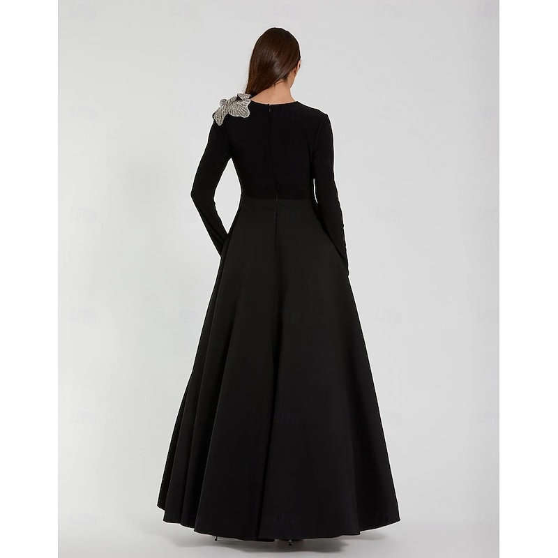 Black Tie A-Line Evening Gown Velvet Stretch Crepe Elegant Dress Formal Wedding Floor Length Long Sleeve Crew Neck  Shoulder Flower with Beading Pocket3