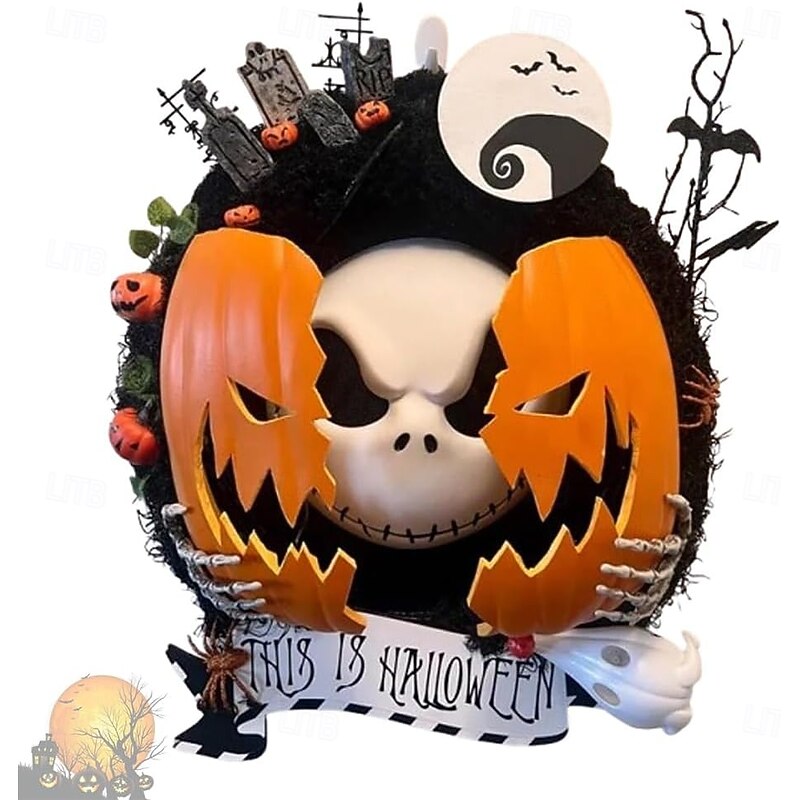 Halloween Nightmare Pumpkin Wreath Scary Pumpkin Bats and Cemetery Garland Decorations for Indoor Outdoor Wall Closet Fence Window Farmhouse4