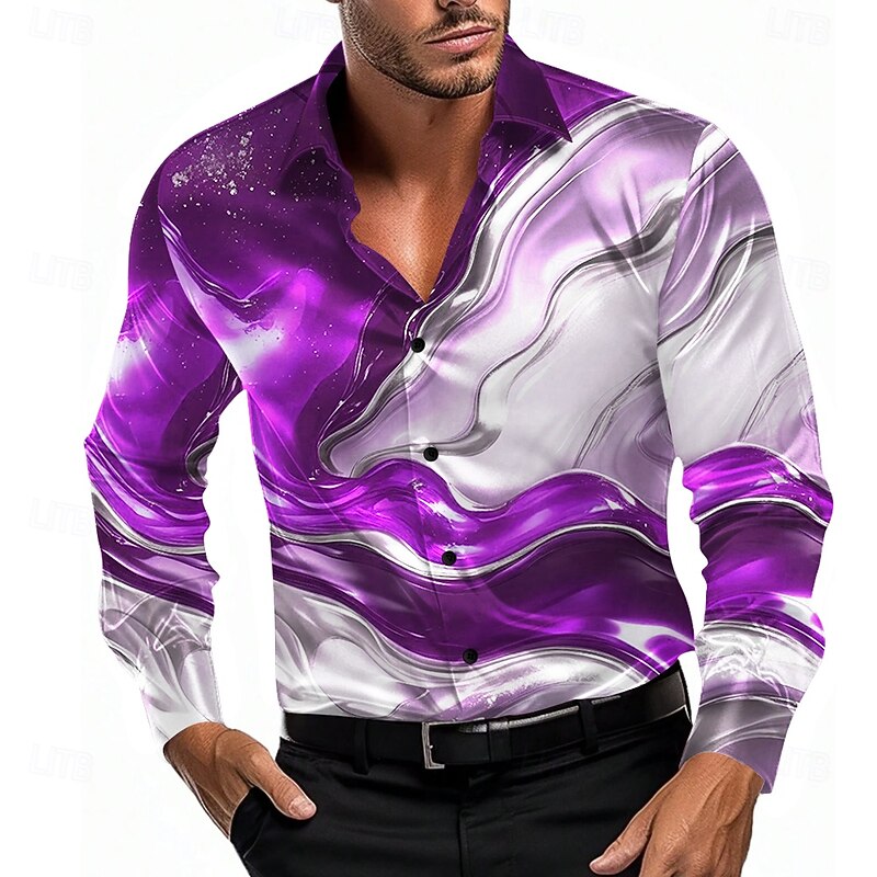 Men's Gradient Waves Marble Shirt Satin Shirt Dress Shirt Long Sleeve Fashion Casual Vacation Dailywear Summer Spring Fall Turndown 3D Print Button Up Shirts Blue Purple Green2