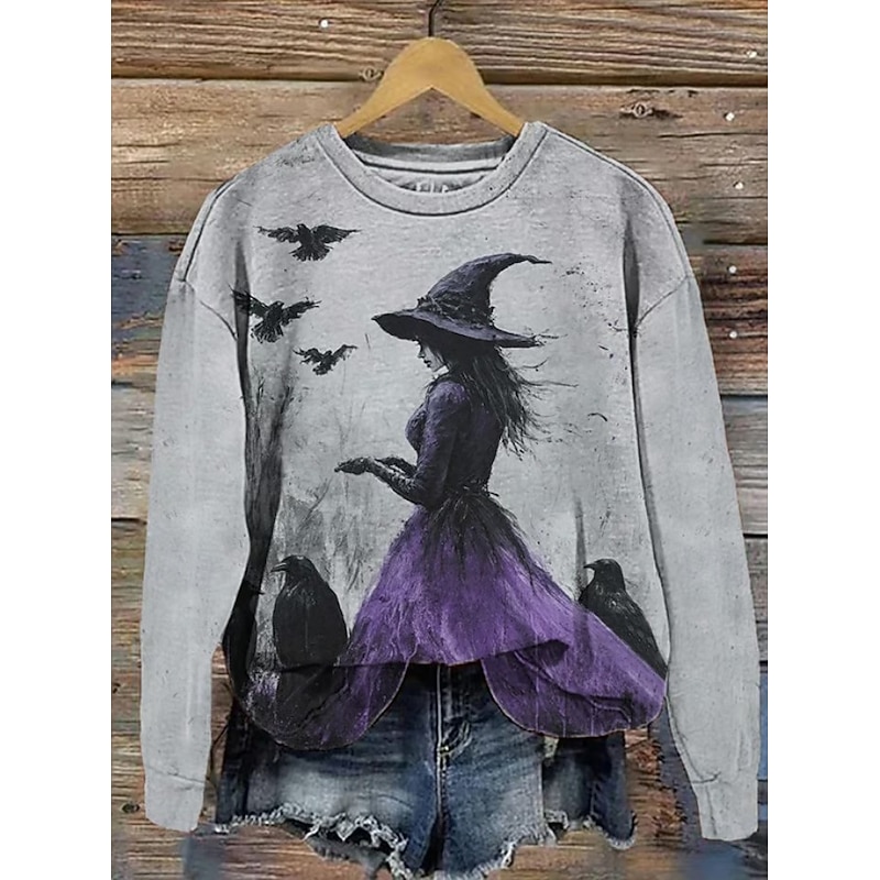 Halloween Women's Pullover Sweatshirt Witch Graphic Fashion Casual Long Sleeve Round Neck Regular Tops Street Dailywear Casual Print Purple Green Fall Winter