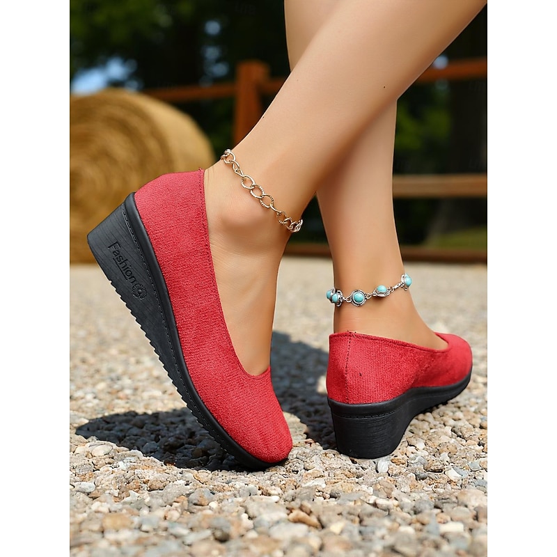 Women's Red Low Wedge Slip-On Shoes – Lightweight Comfort Shoes for Patio Parties, Garden Gatherings and Everyday Style4