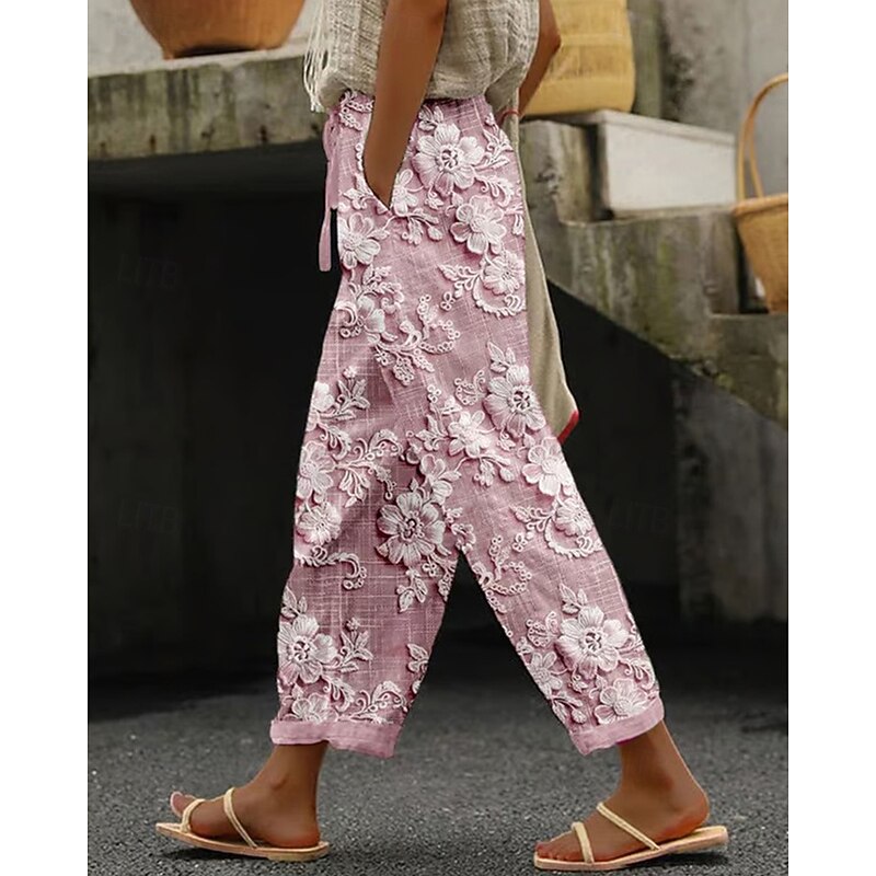 Women's Slacks Pants Trousers Fashion Streetwear Full Length Mid Waist Flower Print Breathability Comfortable Street Daily Wear Going out Apricot Black White Pink Summer Spring Regular Fit4
