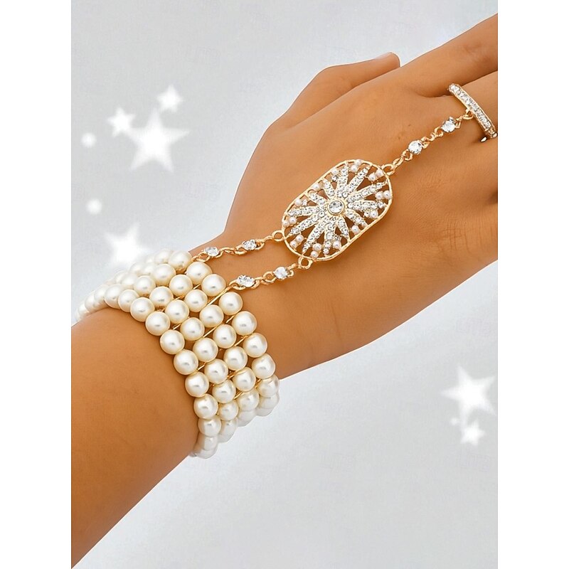 Women's Art Deco Pearl Hand Chain Bracelet Ring - 1920s Gatsby Style Jewelry with Rhinestones for Vintage Themed Parties - Main Image
