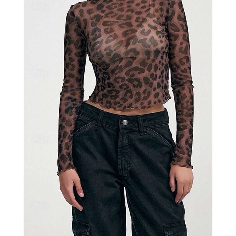 Women's T Shirt Leopard Fashion Modern Long Sleeve Crew Neck Regular Tops Daily Mesh Maroon Light Brown Brown Summer