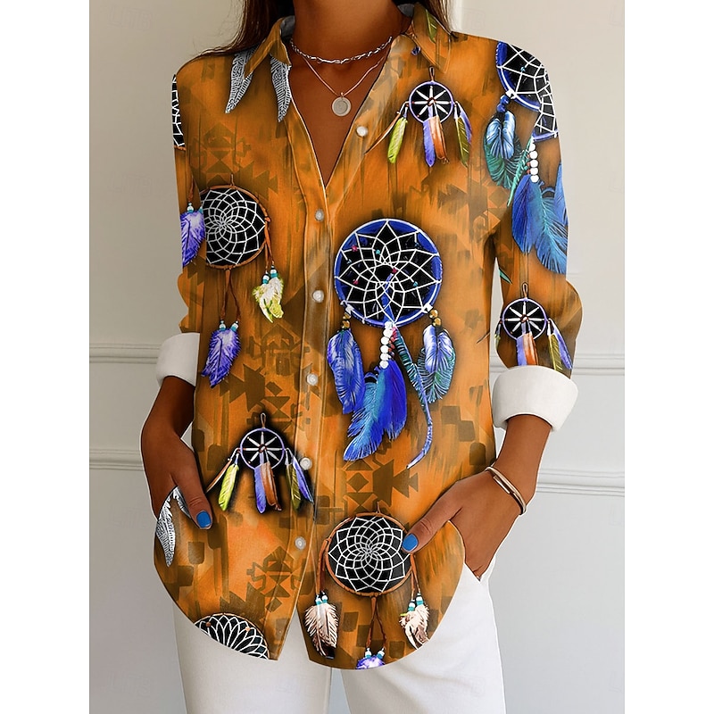 Women's Shirt Button Down Tunic Shirt Collar Long Sleeve Graphic Feather Elegant Vintage Tropical Regular Tops Daily Holiday Beach Wear s Print Pink Blue Orange Green Spring Fall4
